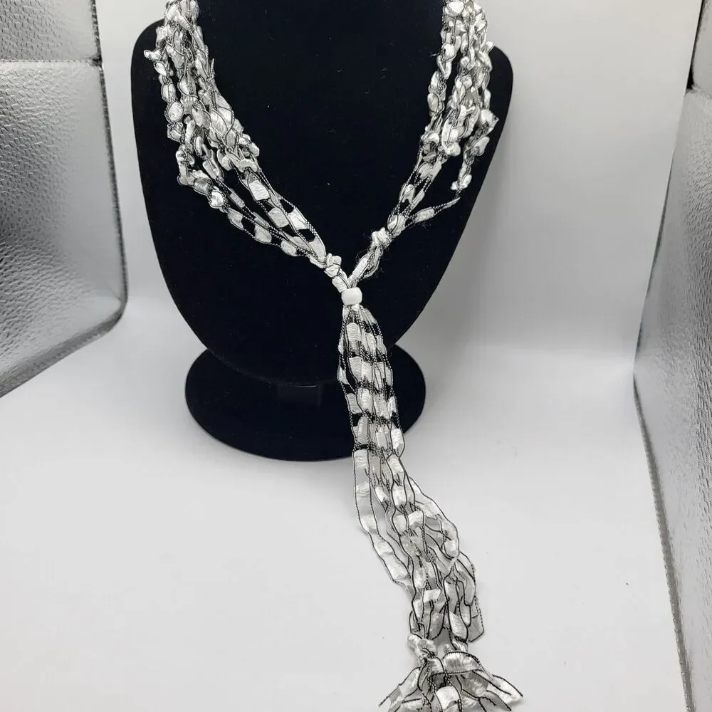 Black and White Scarf Necklace 34in